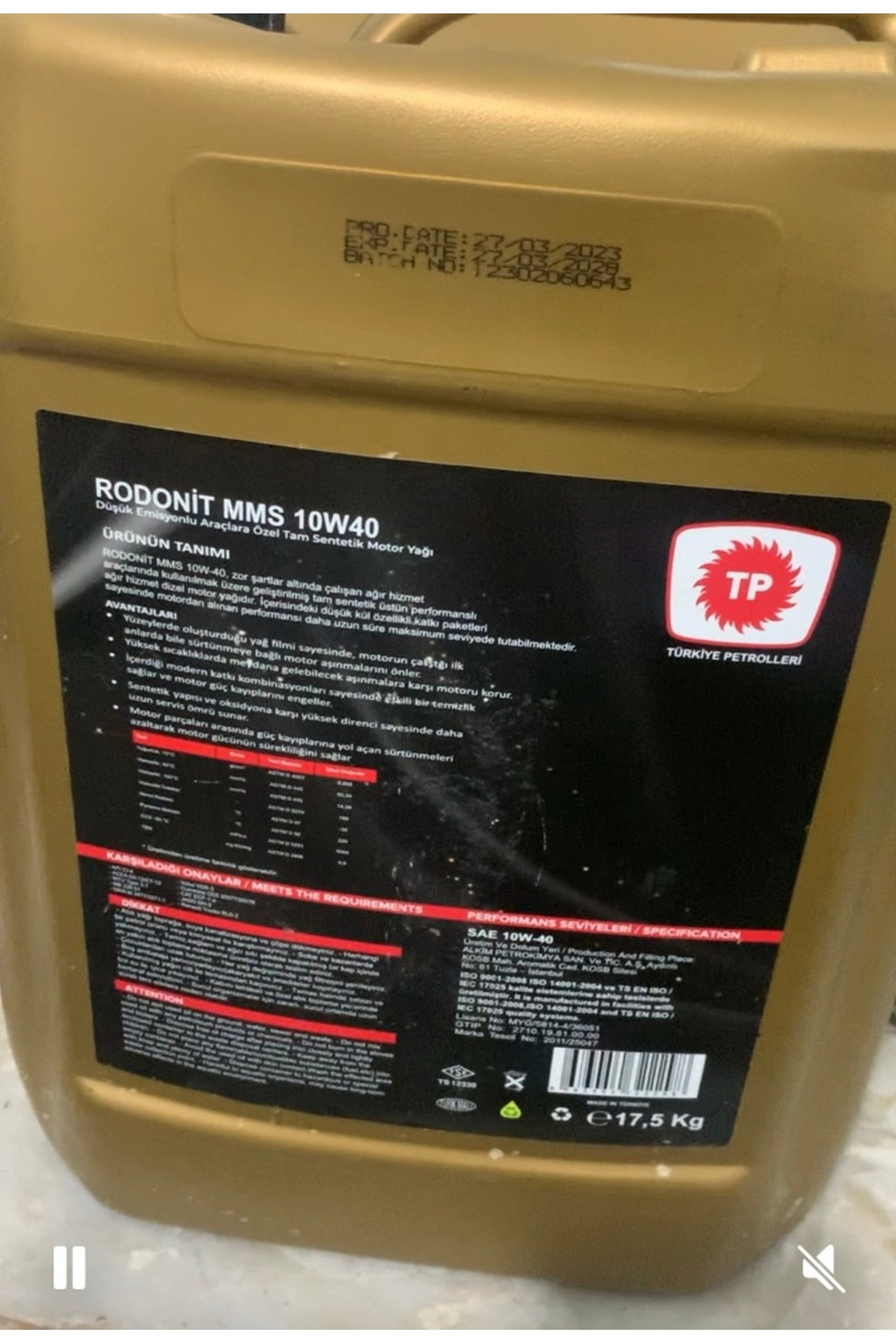 Türkiye Petrol Rodonit MMS Tam Sentetik 10w40 20 Litre