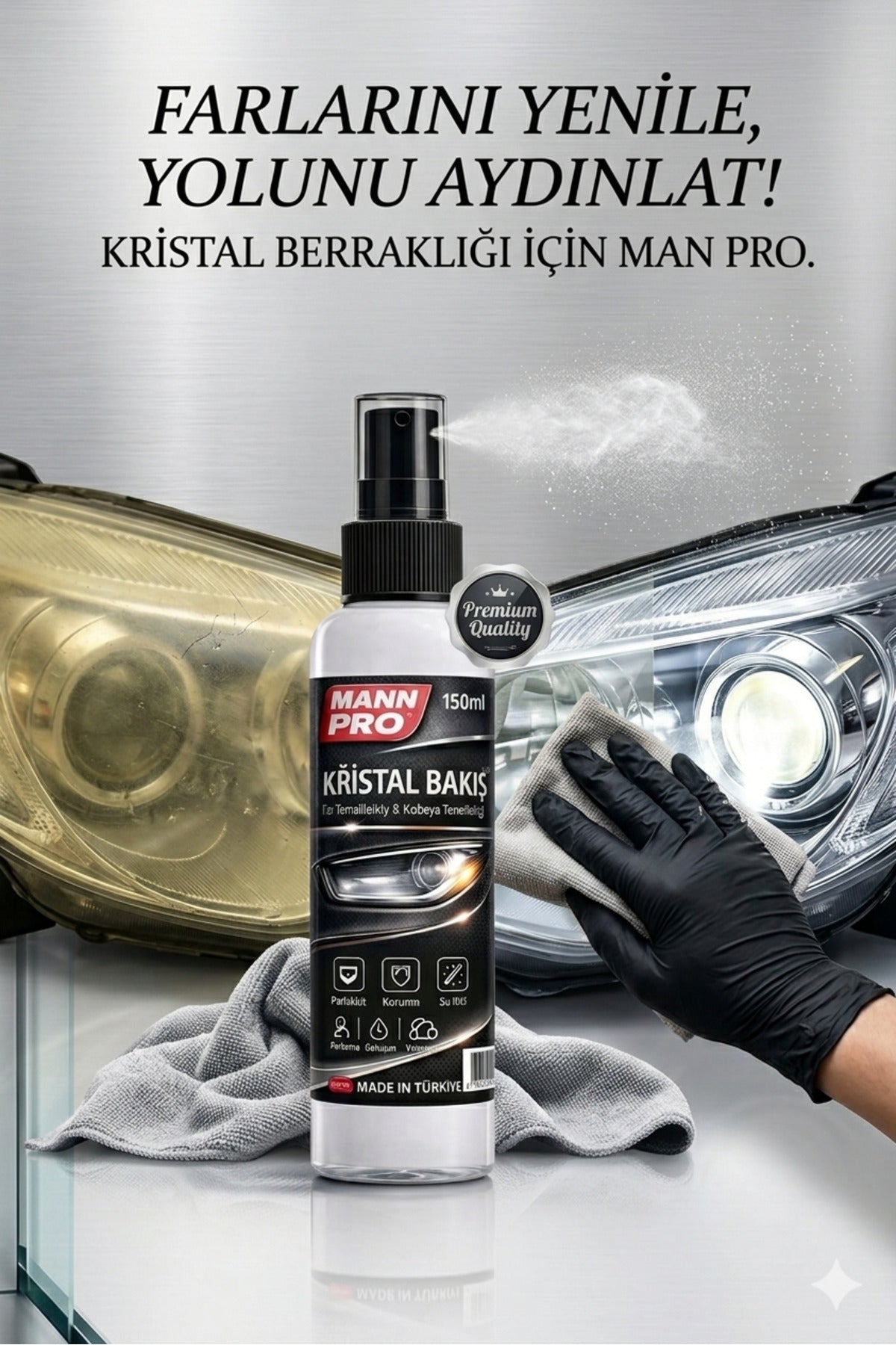 Pro-Kararmış Farları 50 saniyede içinde Yenileyen Nano Kristal sıvı 150 ML (Far temizleyici)