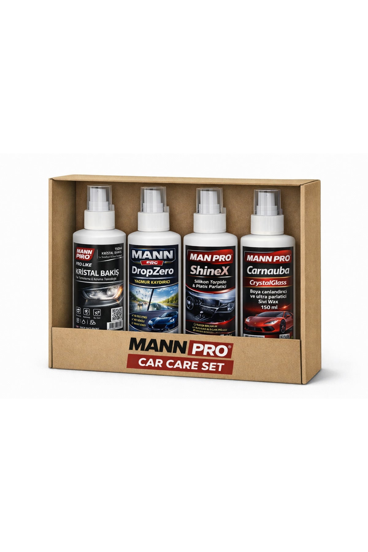 PRO X 4 Bakım Seti-Carnauba Sıvı Wax+Yağmur Kaydırıcı+Far Temizleyici+Torpido Parlatıcı 150ml